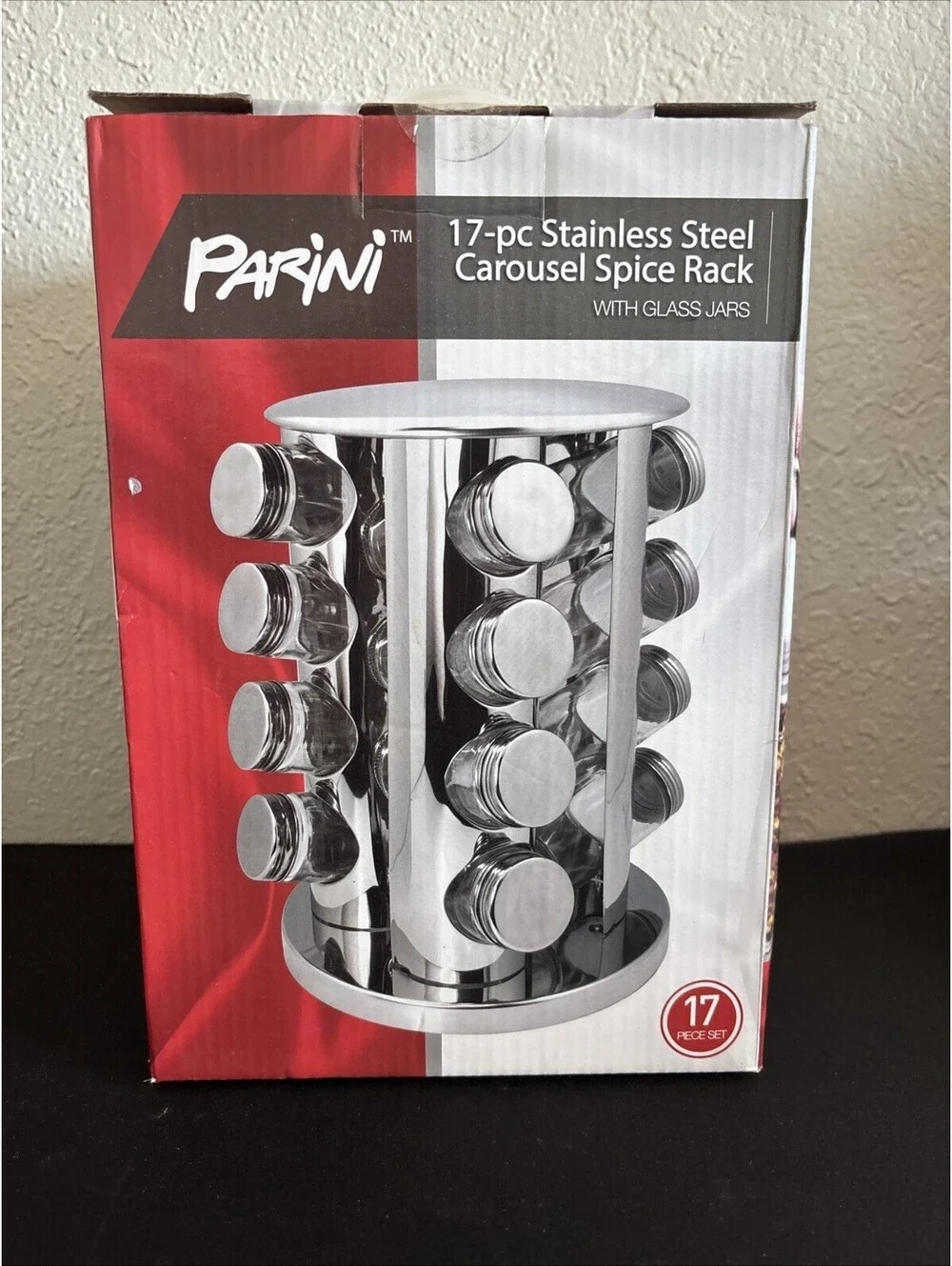 Parini 17-Piece Stainless Steel Carousel Spice Rack with Glass Jars - New